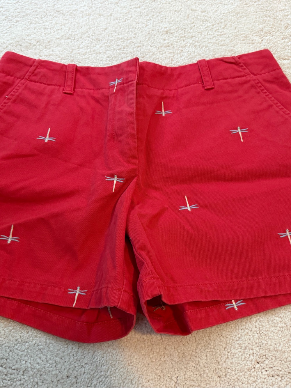 J. Crew Red Embroidered Cotton Bermuda Shorts with Dragonflies ❤️